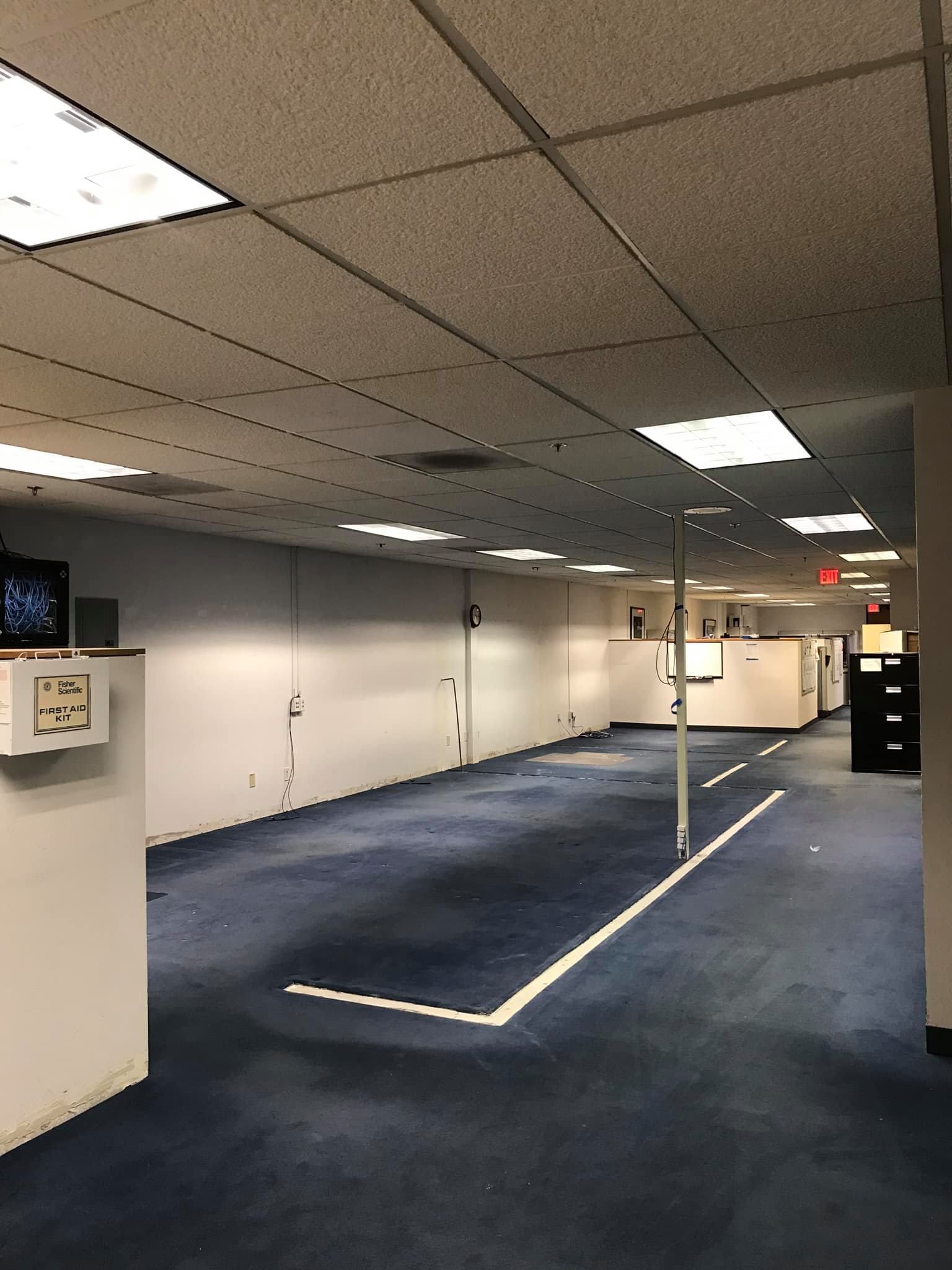 A large empty room with a blue carpet and white lines on the floor.