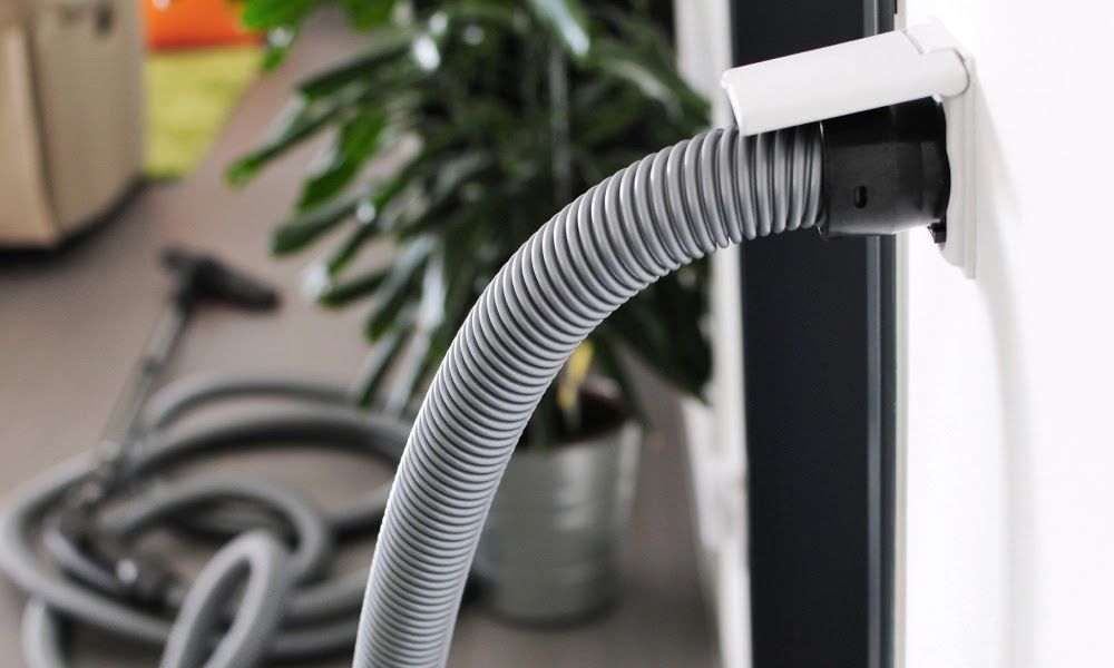 Hand plugging a black vacuum hose into a wall outlet beside patterned wallpaper