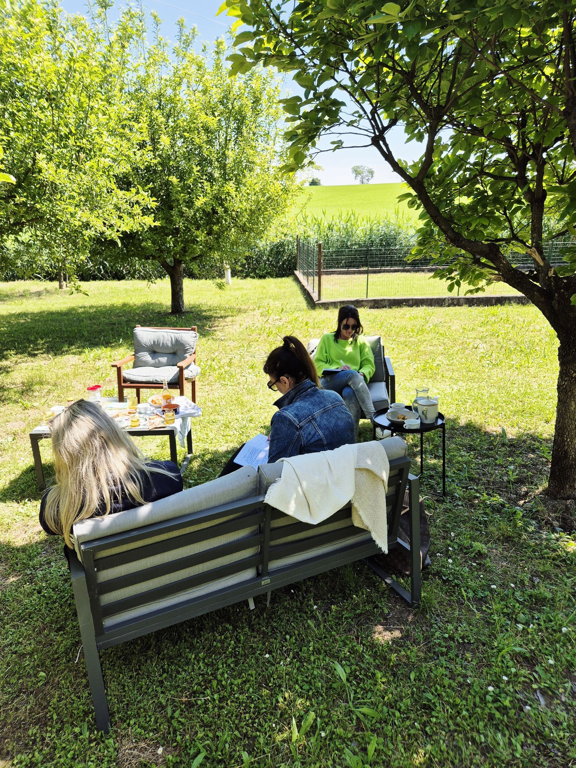 Menschen entspannen auf Gartenmöbeln in einem sonnigen Garten. Grünes Gras, Bäume und ein entfernter Hügel.