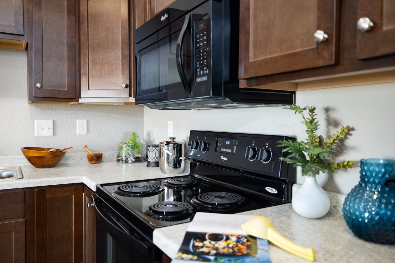Kitchen in an apartment with dark wood cabinets, a black electric stove, and a mounted microwave.