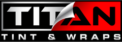 A titan tint and wraps logo with a red and black background