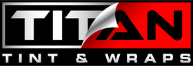 A titan tint and wraps logo with a red and black background