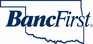 A blue logo for bancfirst with an oklahoma state outline