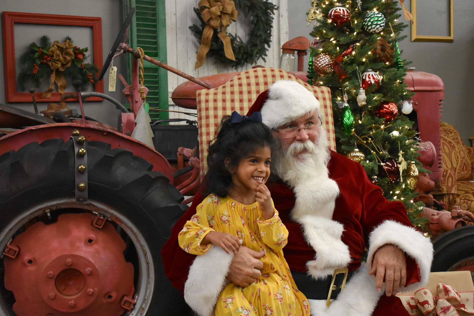 A little girl is sitting on santa 's lap in front of a christmas tree.