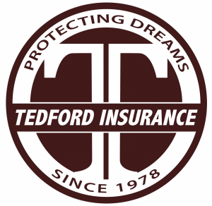 A brown and white logo for tedford insurance