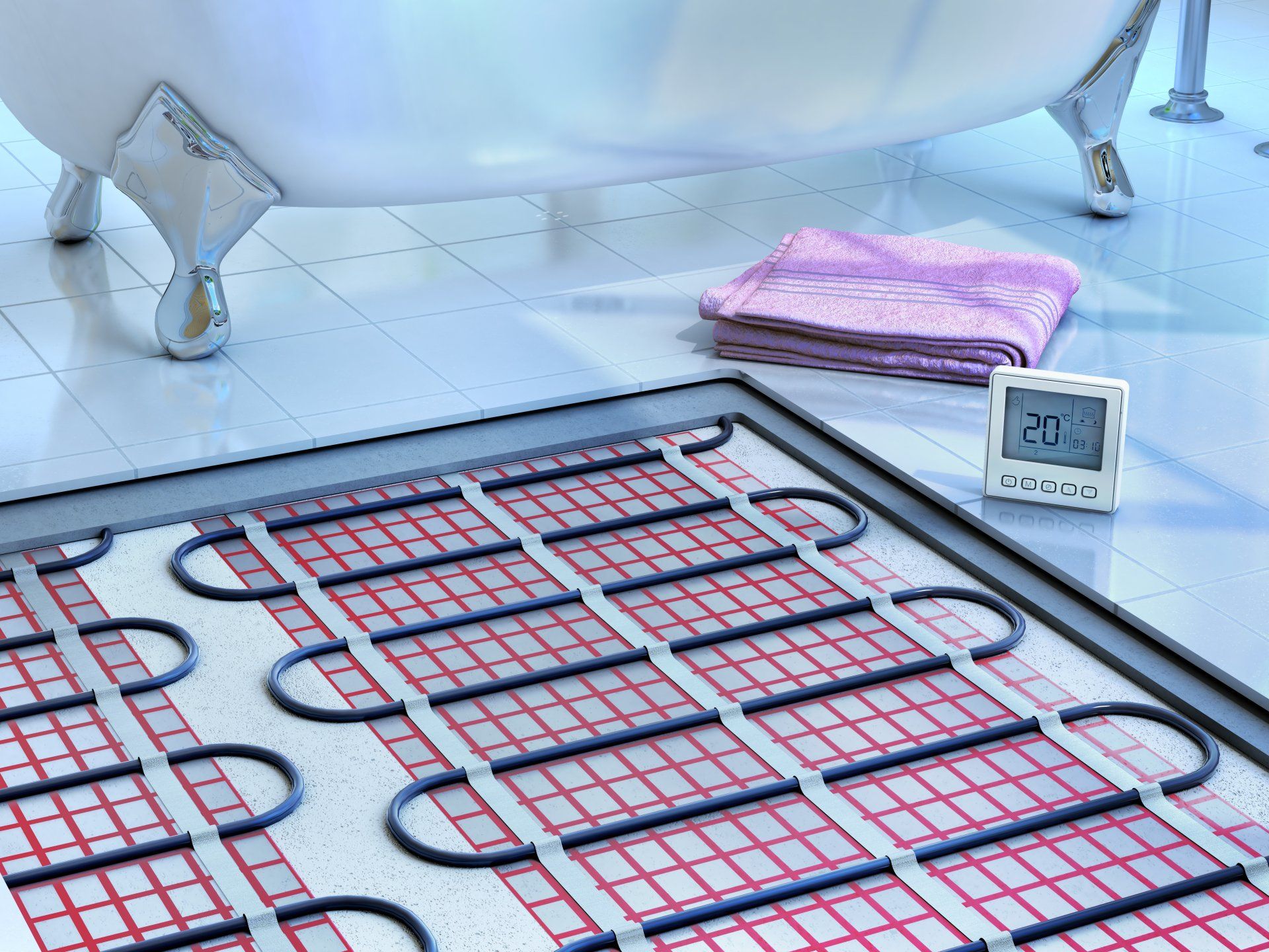 A bathtub is sitting next to a heated floor in a bathroom.