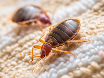 Two reddish-brown bed bugs crawl across a textured, cream-colored fabric surface.