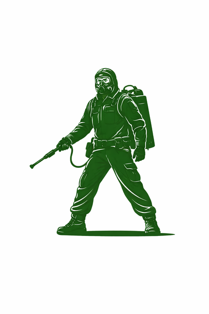 A green silhouette of a person in a hazmat suit and gas mask, carrying a sprayer tank on their back.