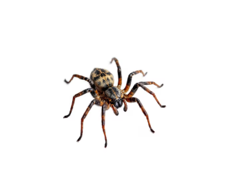 A brown and tan patterned spider with long, dark legs, viewed from above against a white background.
