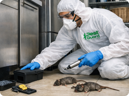 A Pest Guard technician in protective gear crouches on a floor near a bait station and two rats.