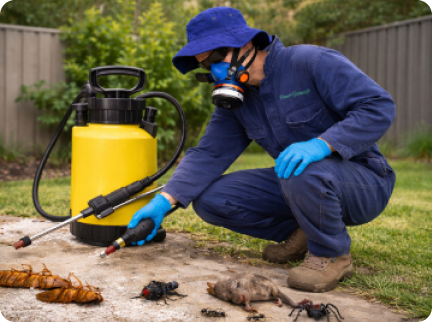 A pest control professional wearing protective gear kneels outdoors, pointing a spray wand at insects on the ground.