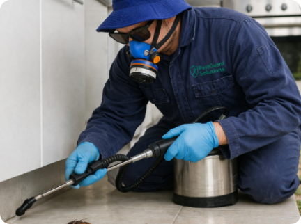 A pest control worker in a blue uniform, mask, and gloves uses a sprayer to treat a baseboard in a kitchen.
