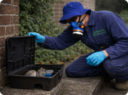 A pest control worker in a blue uniform and respirator inspects a rodent bait box containing two mice against a brick wall.