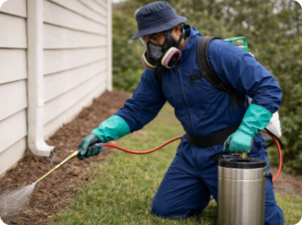 A pest control technician in a blue protective suit and respirator sprays a foundation near a building.