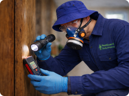 A pest control technician in a blue uniform, hat, and respirator inspects a wooden wall with a flashlight and meter.