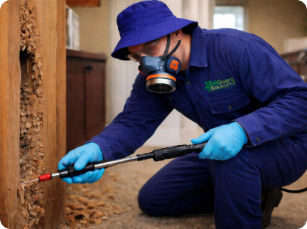 A pest control worker in protective gear and a mask uses a long spray tool to treat a wooden structure for termites.