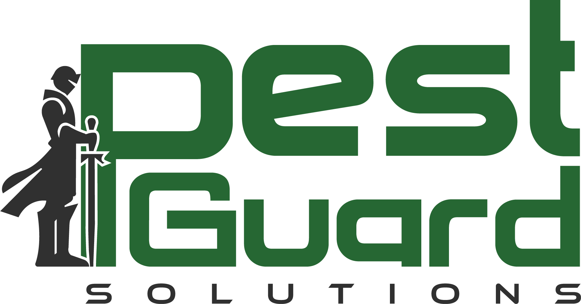 Logo for Pest Guard Solutions featuring a knight holding a sword, with green text on a white background.