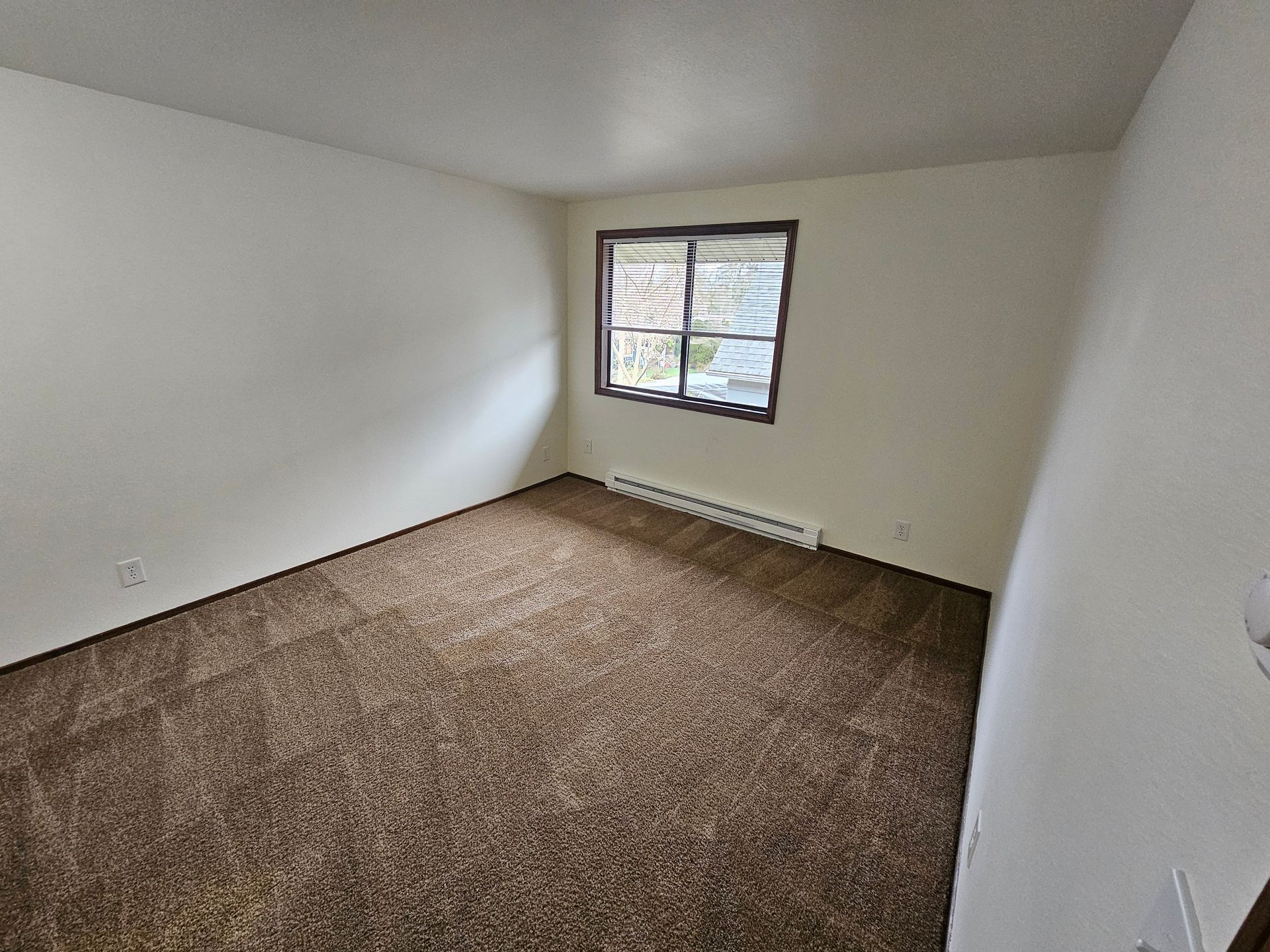 An empty bedroom with a window and brown carpet.