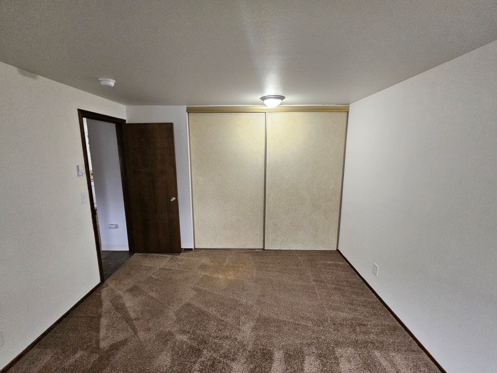 An empty room with a brown carpet and white walls