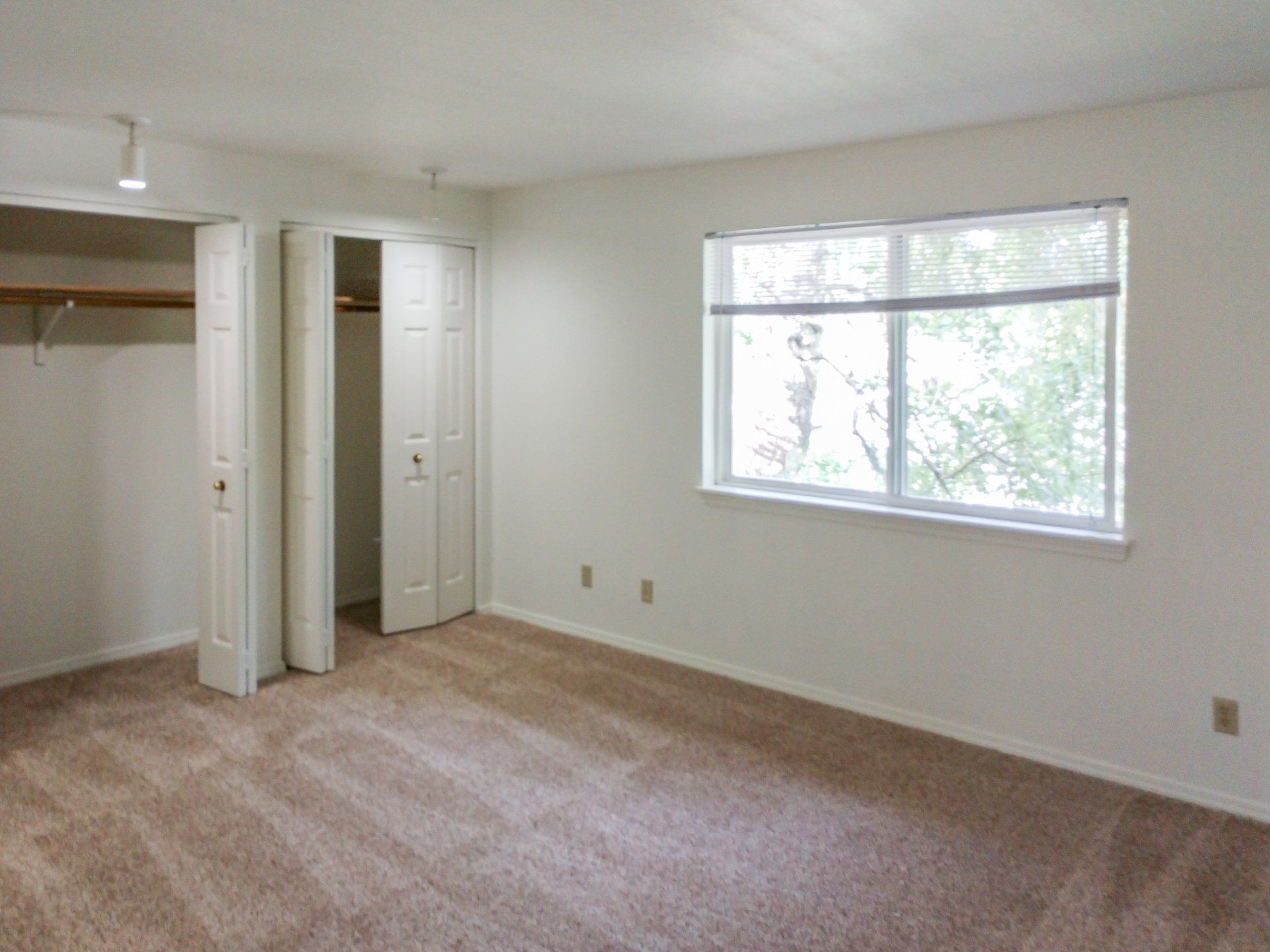 An empty bedroom with a large window and a walk in closet.