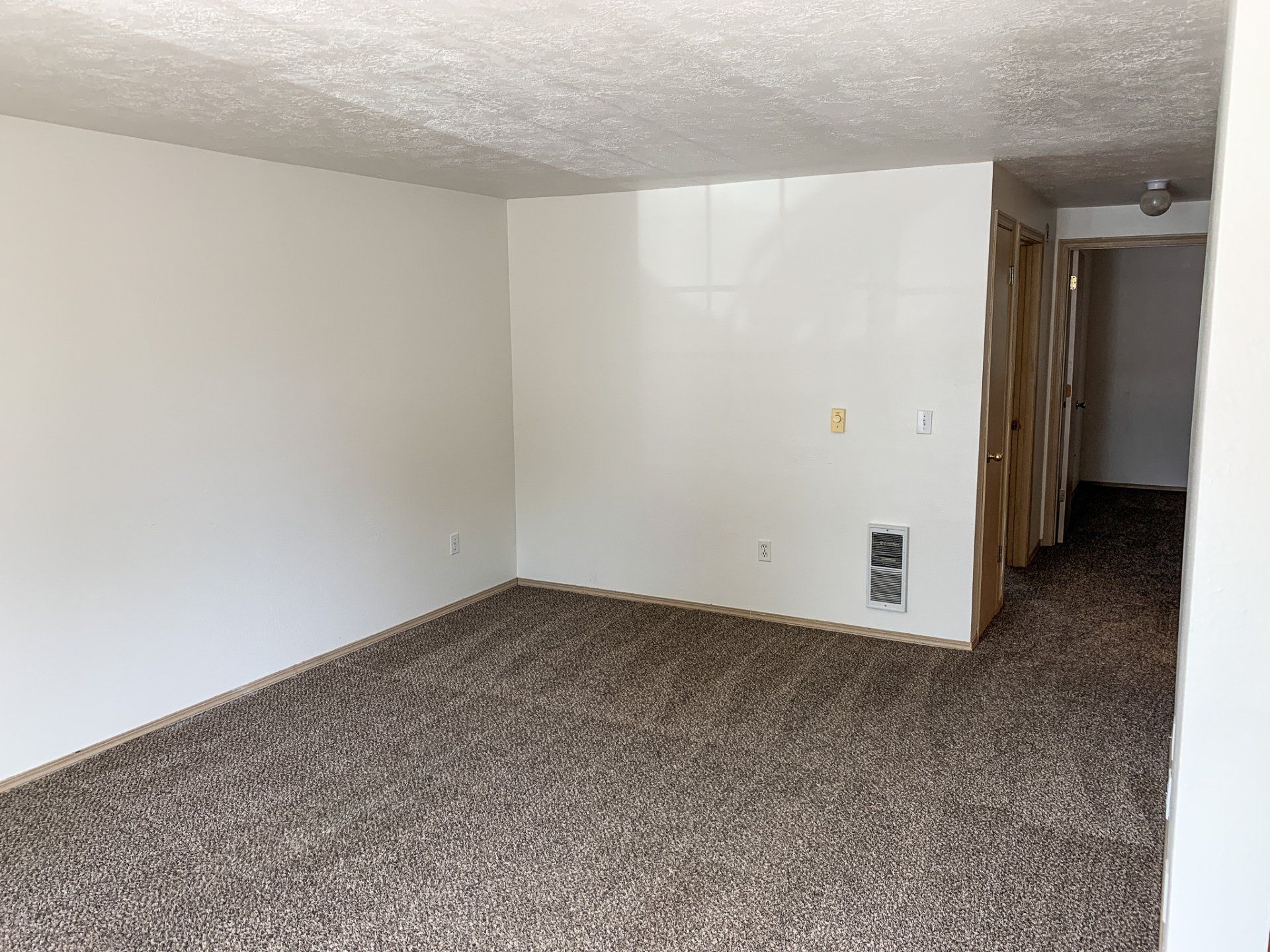 An empty living room with a brown carpet and white walls.