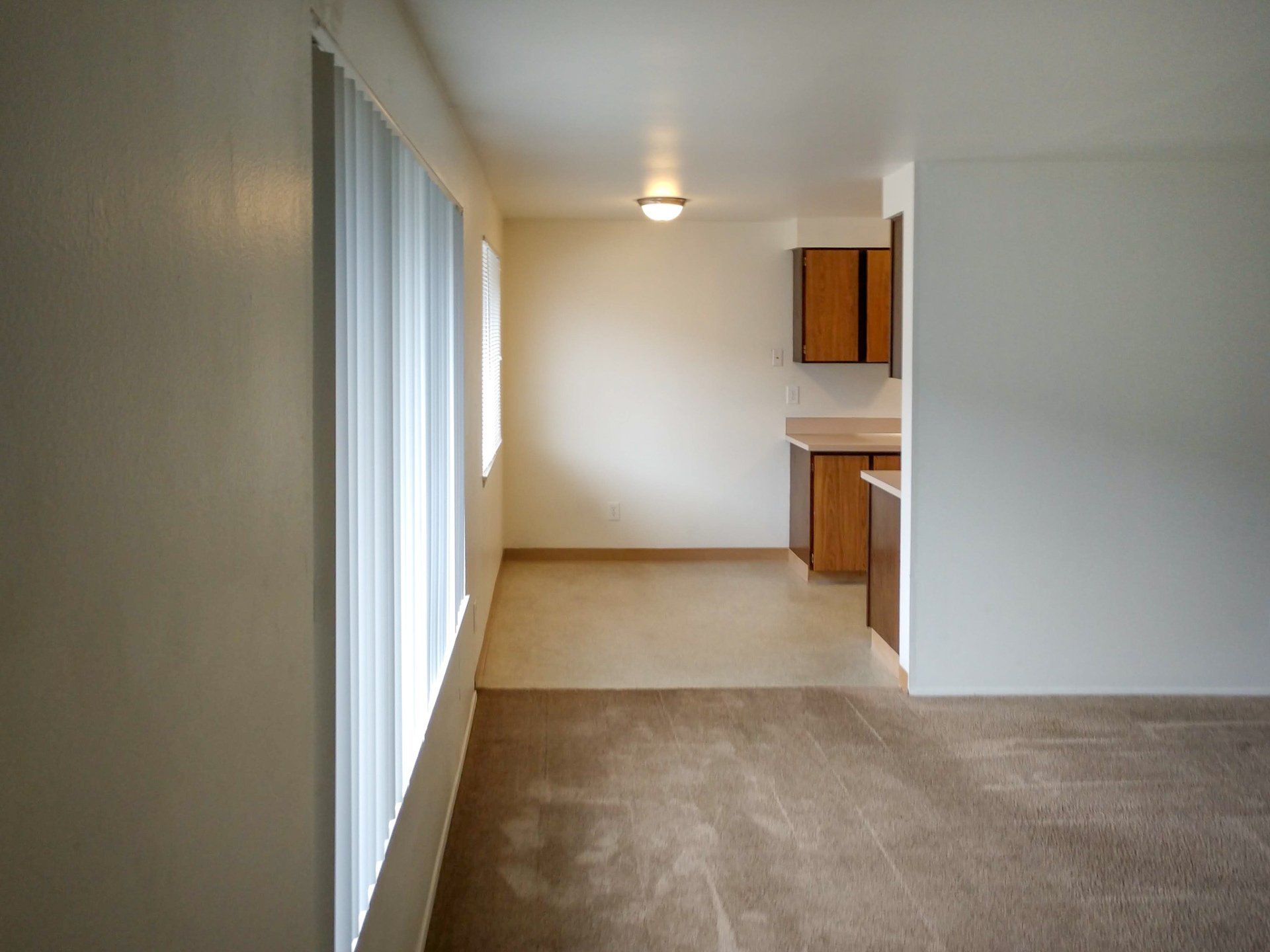 An empty living room with a kitchen in the background