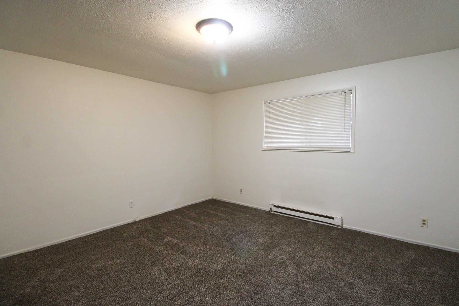 An empty bedroom with a window and a ceiling light.