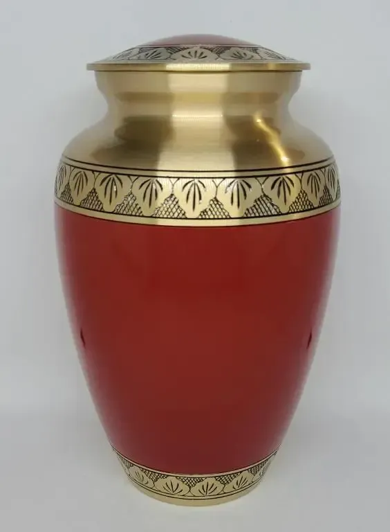 A red vase with a gold rim and a lid on a white background.