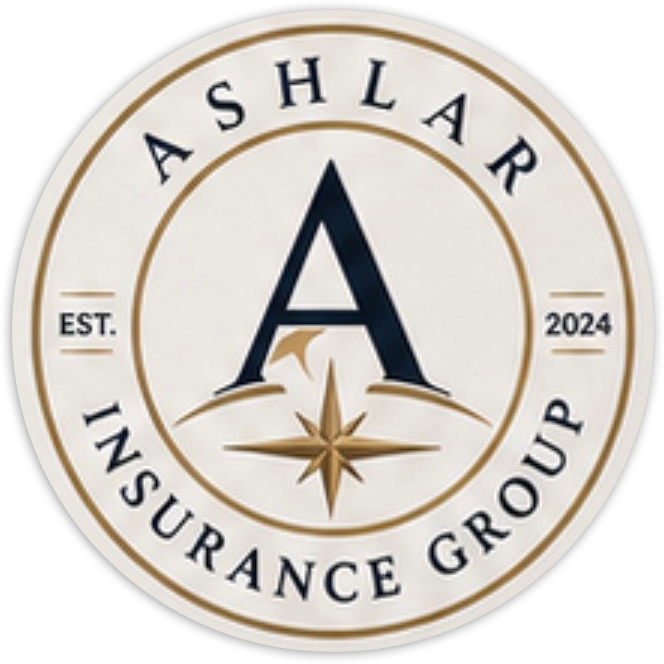 Ashlar Insurance Group circular logo in gold, navy, and white with a large A and compass star
