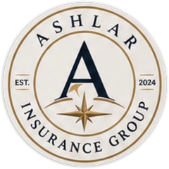 Ashlar Insurance Group circular logo in gold, navy, and white with a large A and compass star