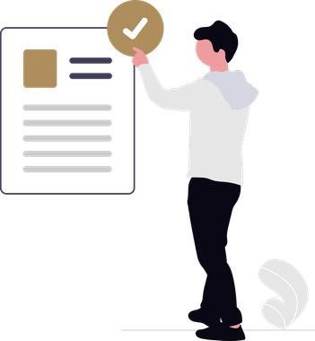 Person placing a gold checkmark on a document icon beside a checklist form