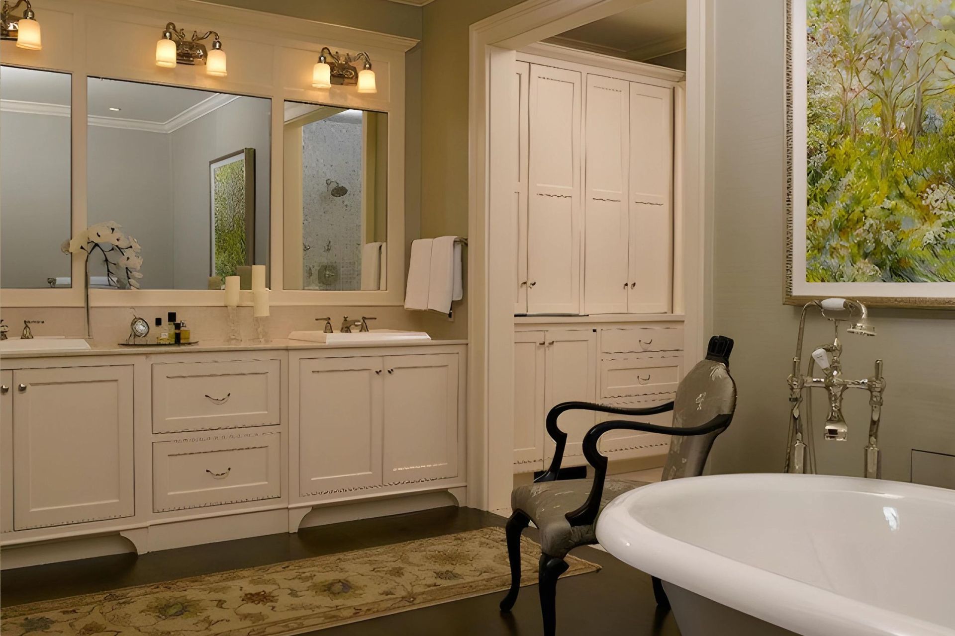 A bathroom with two sinks , a tub and a chair