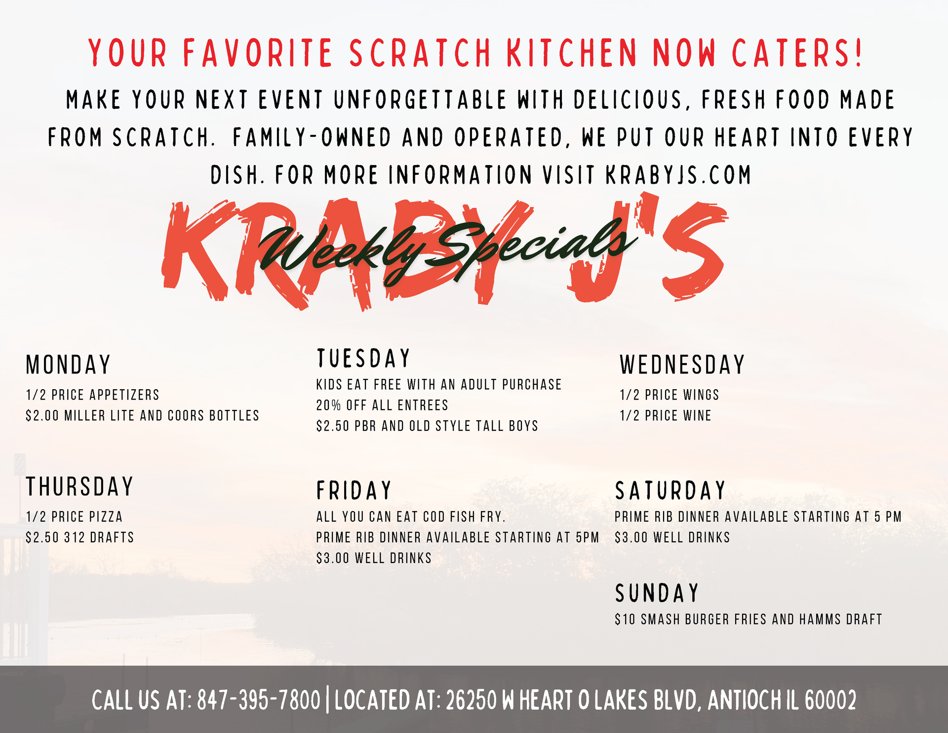 A weekly specials menu for Kraby J's restaurant.