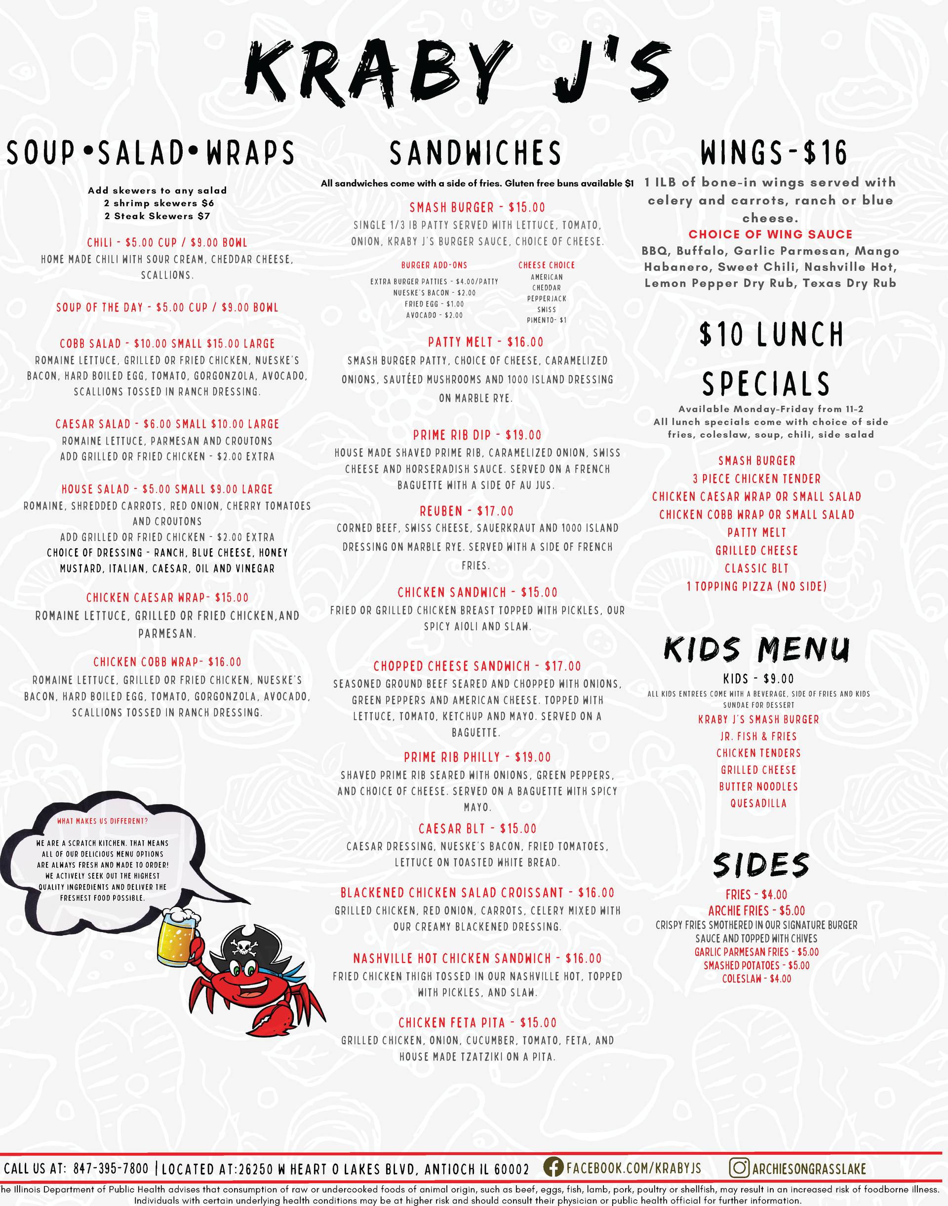 Kraby J's menu includes soup, salad, light bites, sandwiches, and sides.