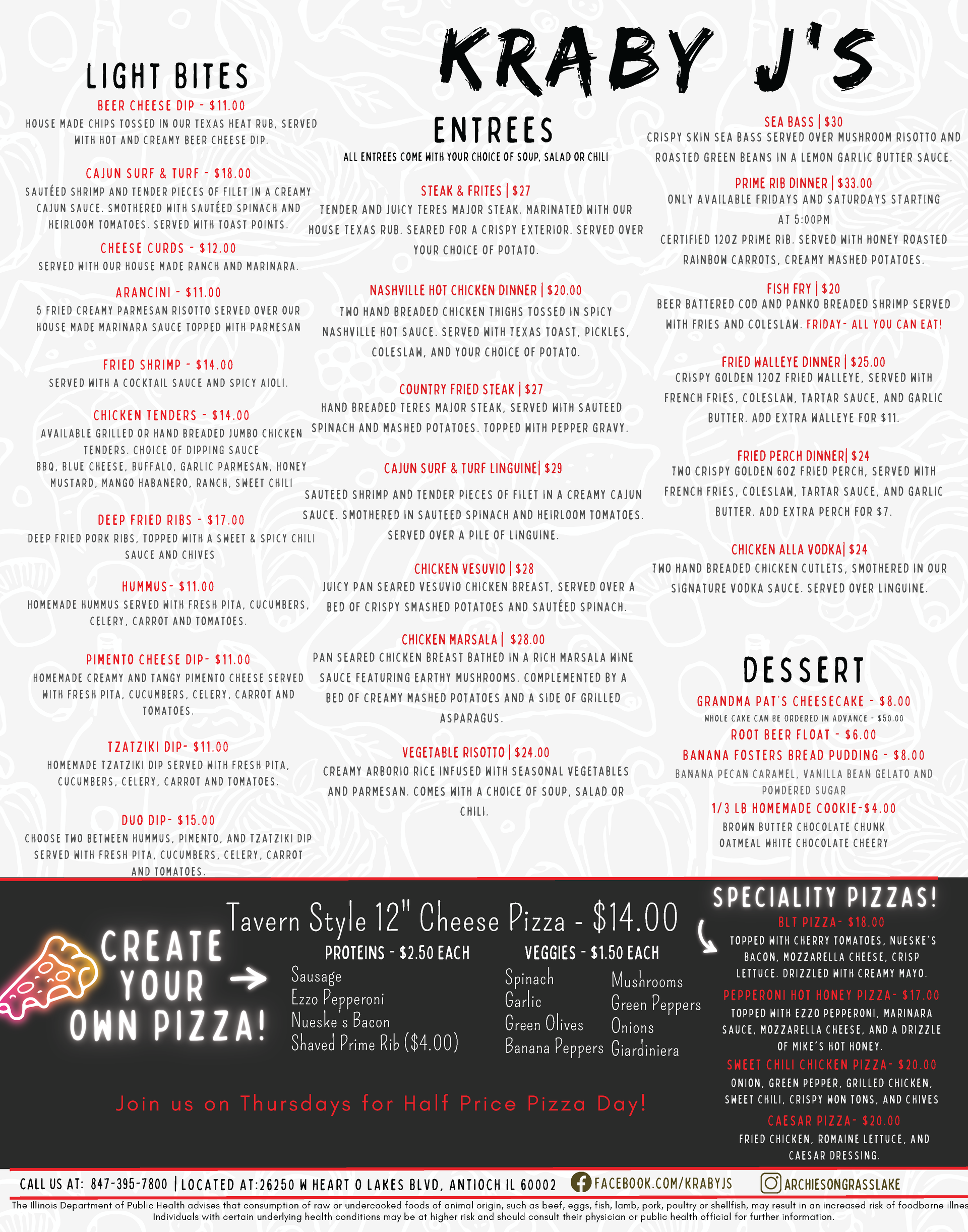 Kraby J's menu includes soup, salad, light bites, sandwiches, and sides.