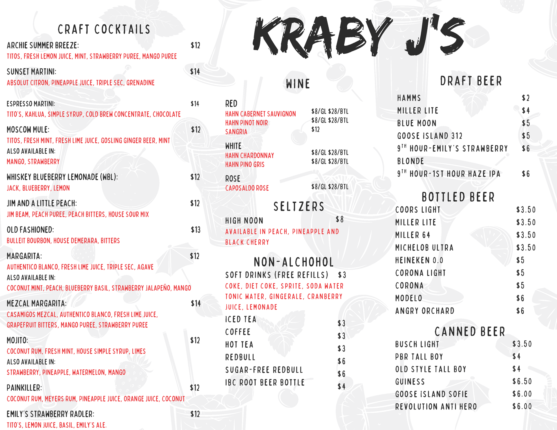 A menu for Kraby J's shows a variety of drinks.
