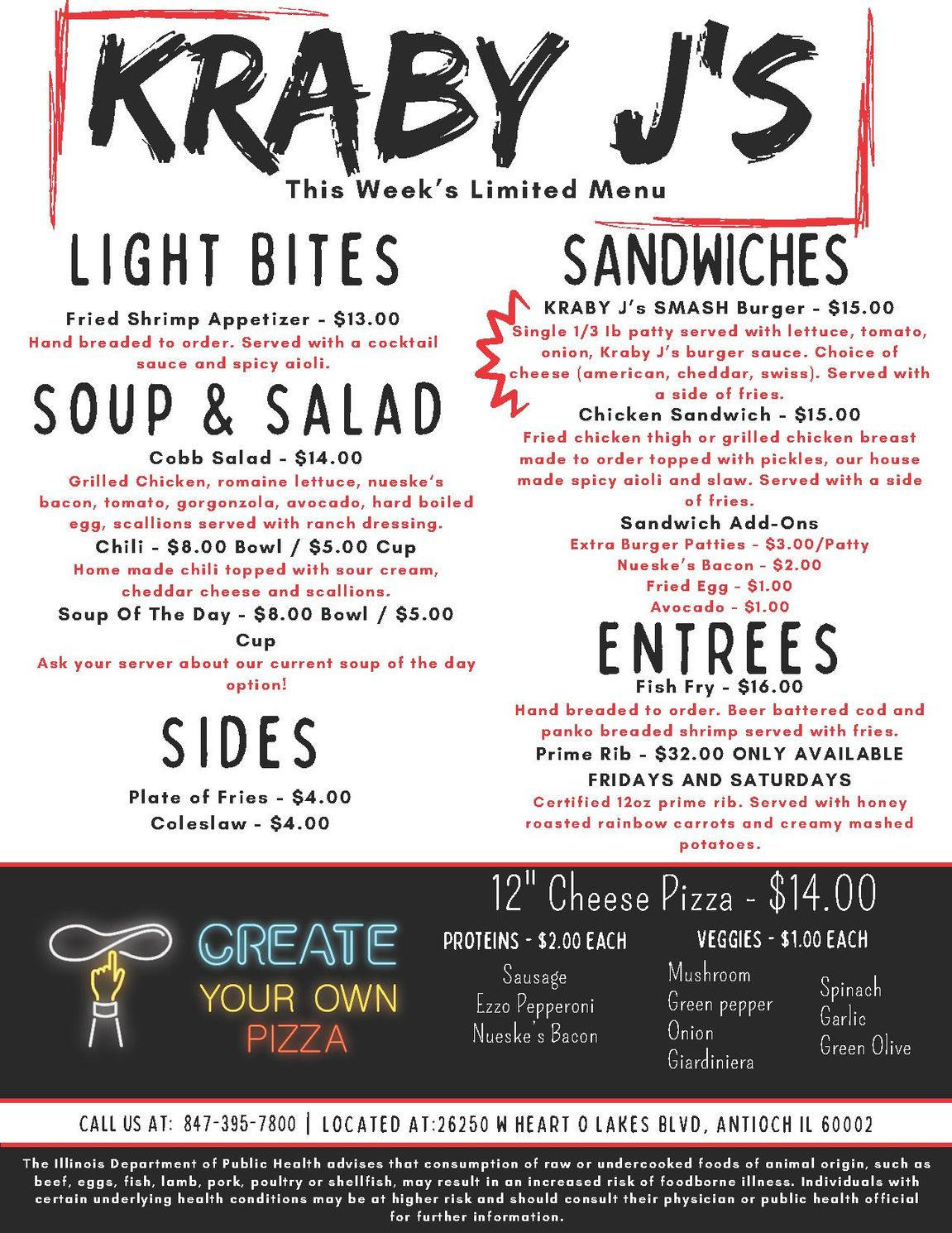 Kraby J's menu includes soup, salad, light bites, sandwiches, and sides.