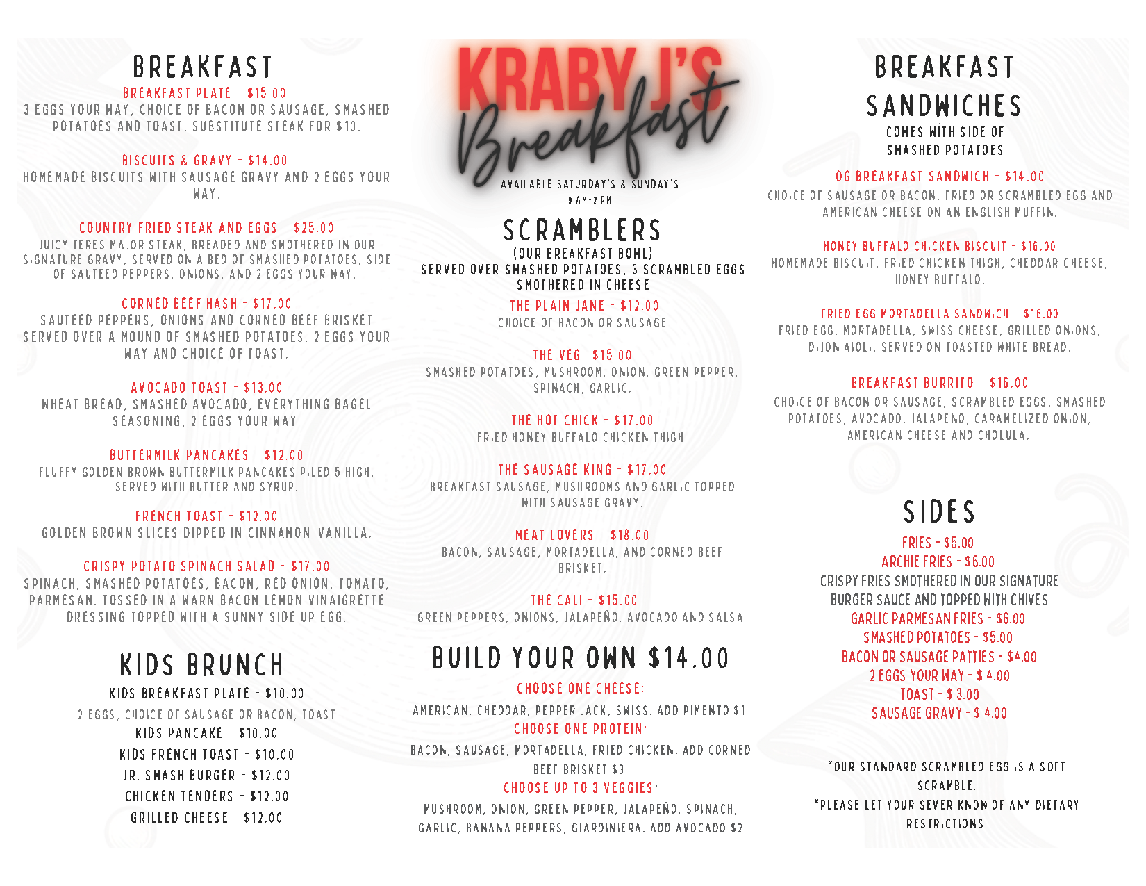 Menu board for Krab J’s Breakfast, showing breakfast, sandwiches, and sides in black, white, and red text