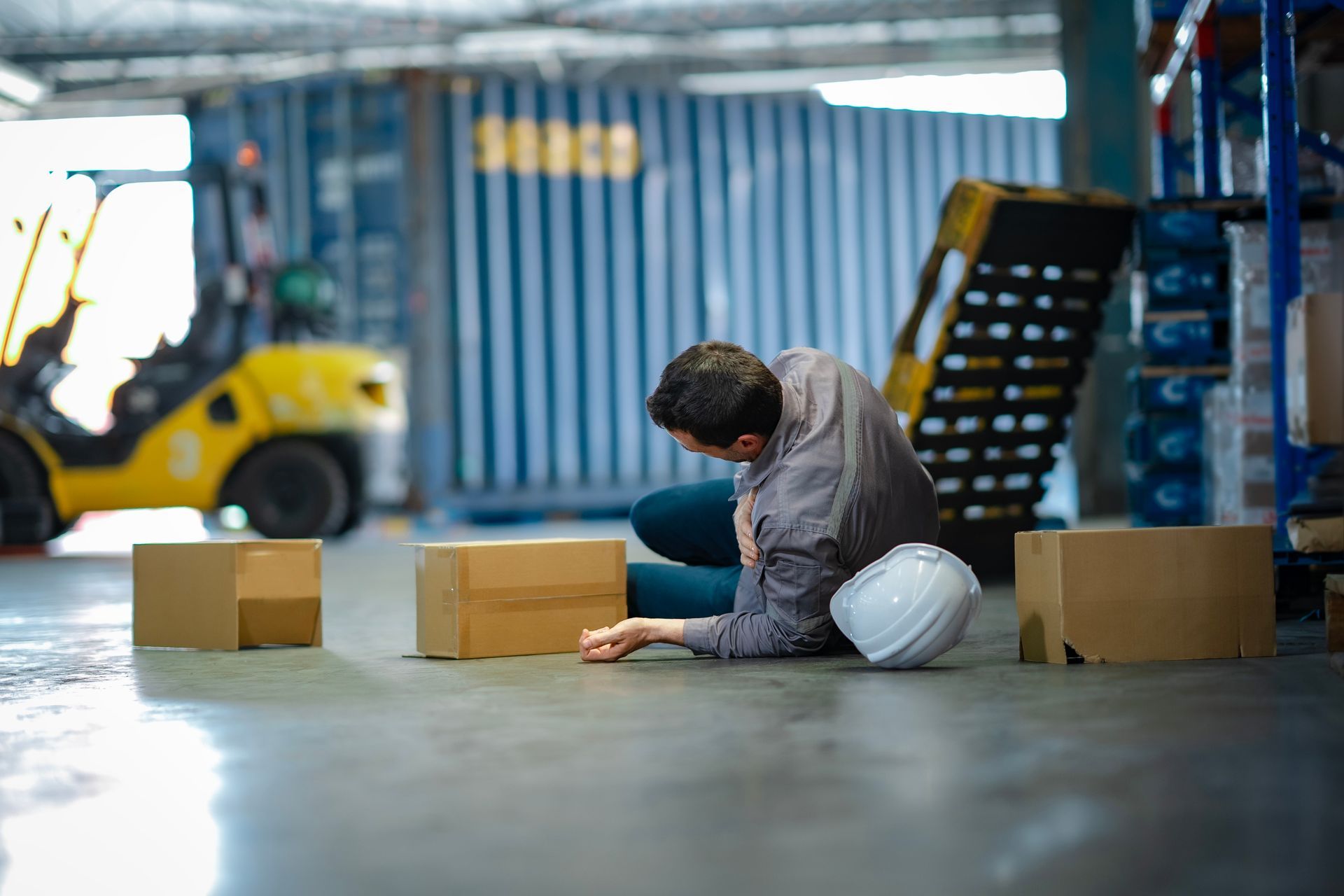A warehouse worker kneeling on the floor after slipping near boxes and a forklift