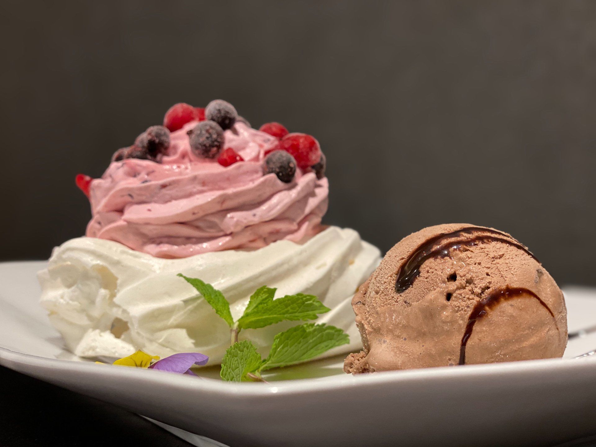 A white plate topped with a cupcake and a scoop of chocolate ice cream.