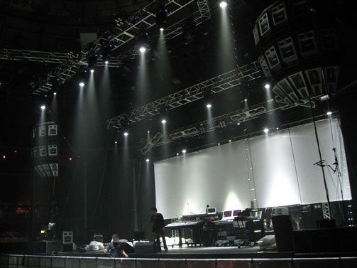 Empty stage setup with lights and sound equipment