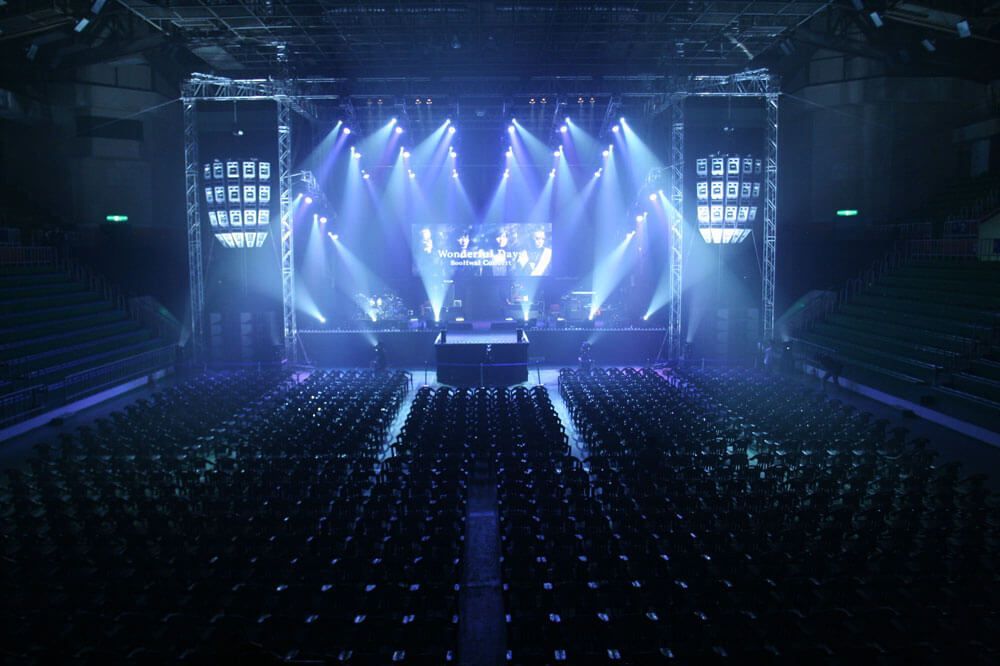 Arena Concert Sound System Setup with Stage Lighting
