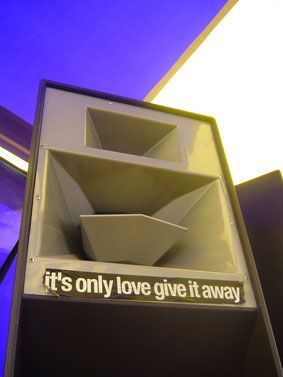 Close-up of Funktion-One horn speaker labeled “It’s only love give it away.”
