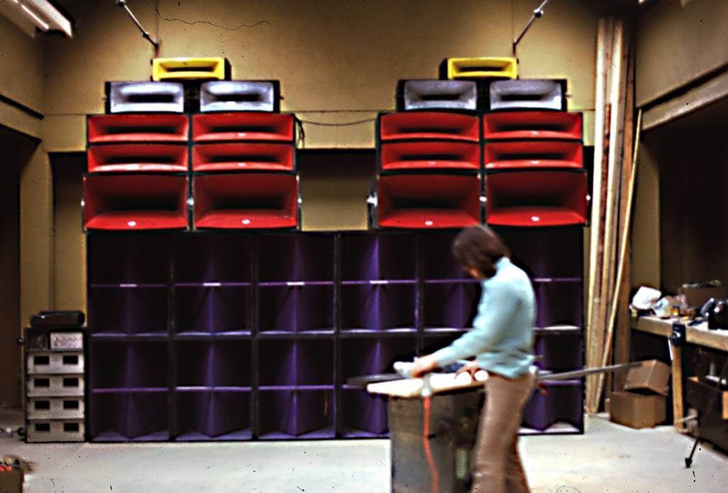 Old-school club audio setup featuring large horn-loaded speakers