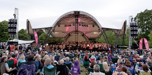 Outdoor Festival Sound System Setup with Line Arrays