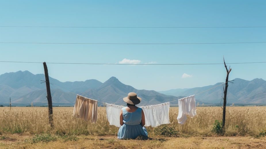 A woman is sitting on the ground in a field looking at clothes hanging on a line.