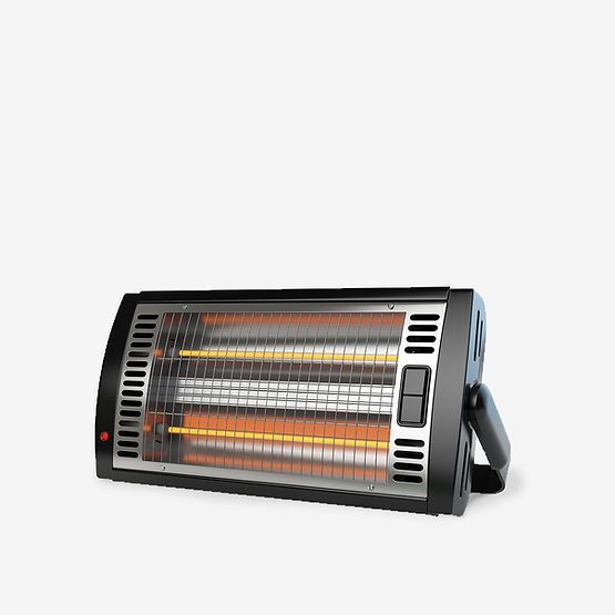 A black heater is sitting on a white surface.