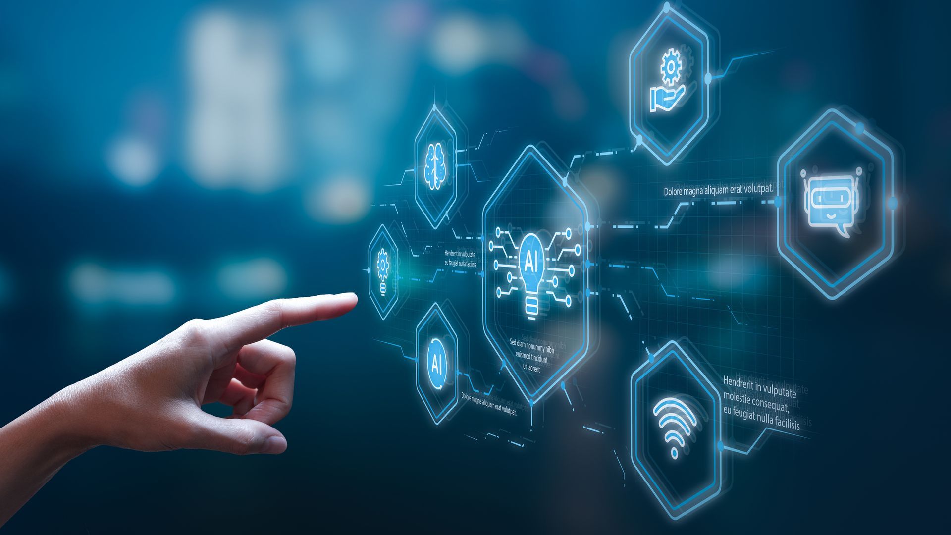 A person is pointing at a screen with icons on it.