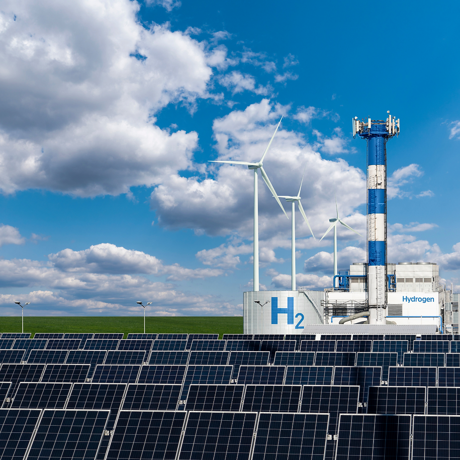 A hydrogen plant with solar panels and wind turbines
