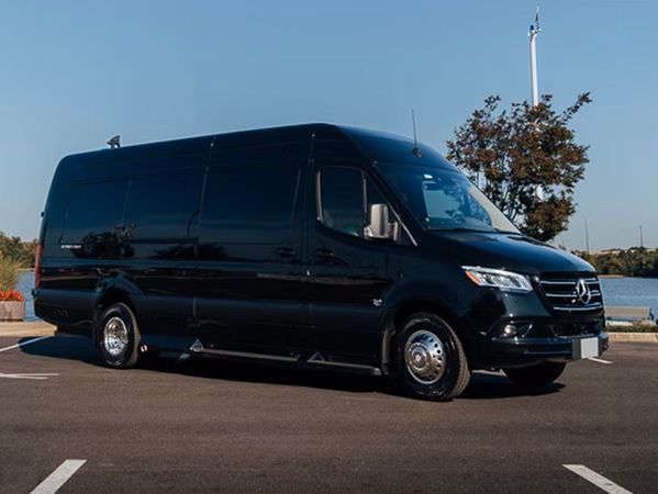 Black Mercedes-Benz Sprinter van parked outdoors near a body of water, under a clear sky.